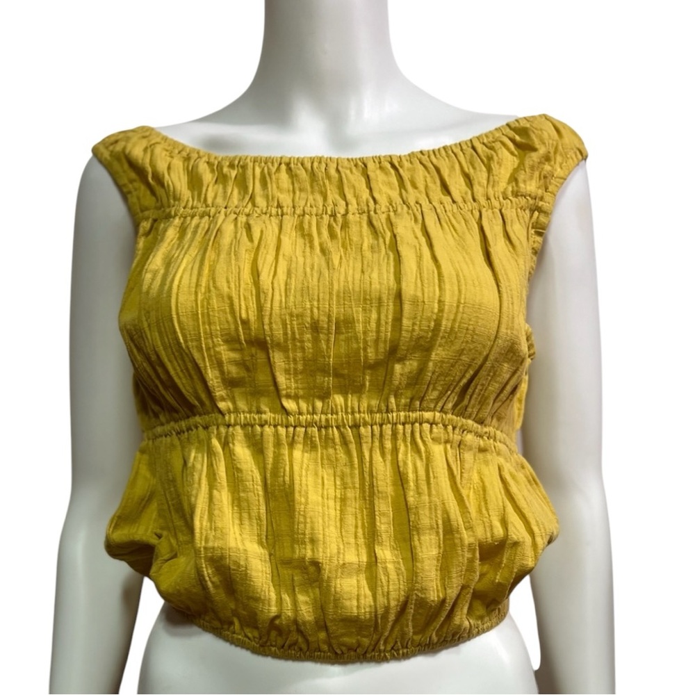 Easel mustard elastic cinched cropped Cotton 
top